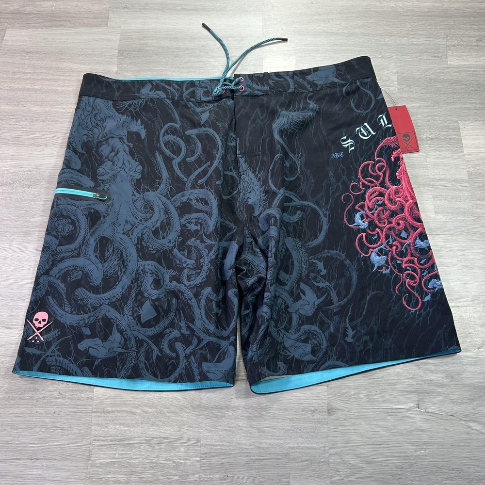 NEW Sullen Kraken Boardshorts Mens 40 Black Nautical Skull Print Swim Trunks